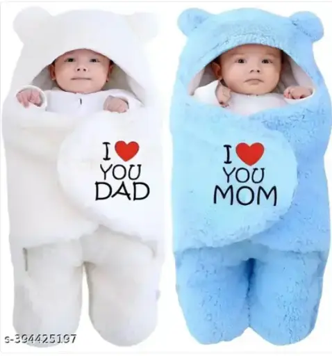 Hooded wearable I LOVE MOM DAD WHITE & BLUE baby blanket wrapper Qty - 2